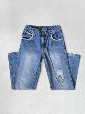 Gymboree High Rise Straight Leg Medium Blue Wash Patch Jeans, Girls’ 8